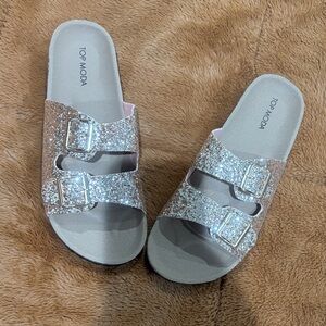 TOP Moda Glitter Double-Buckle Slide Sandals in Rose Gold